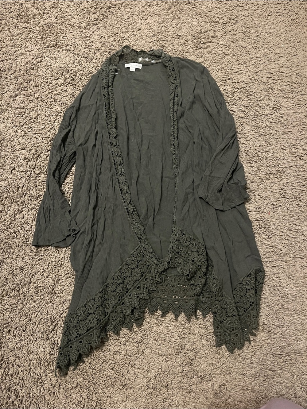Olive Crochet-Trim Open Front Cardigan Sweater